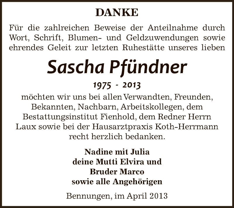  Traueranzeige für Sascha Pfündner vom 21.04.2013 aus Super Sonntag SGH Mansf. Land
