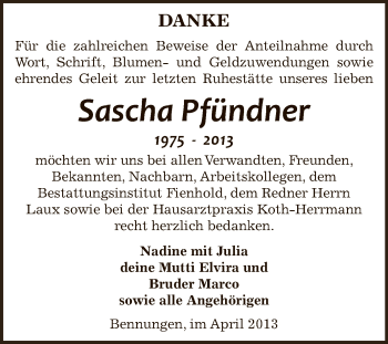 Traueranzeige von Sascha Pfündner von Super Sonntag SGH Mansf. Land