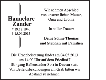 Traueranzeige von Hannelore Zander von Super Sonntag Dessau / Köthen
