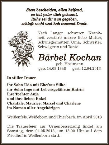 Traueranzeige von Bärbel Kochan von Super Sonntag Zeitz