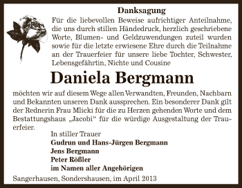 Traueranzeige von Daniela Bergmann von Super Sonntag SGH Mansf. Land