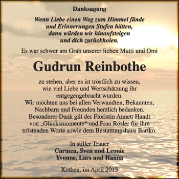 Traueranzeige von Gudrun Reinbothe von Super Sonntag Dessau / Köthen