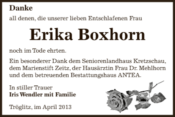 Traueranzeige von Erika Boxhorn von Super Sonntag Zeitz