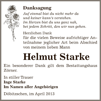 Traueranzeige von Helmut Starke von Super Sonntag Zeitz