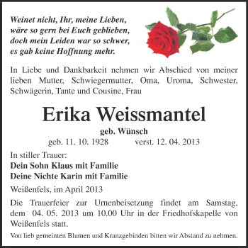 Traueranzeige von Erika Weissmantel von WVG - Wochenspiegel NMB / WSF / ZTZ