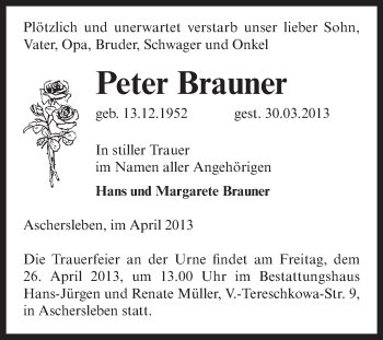 Traueranzeige von Peter Brauner von Super Sonntag Aschersleben