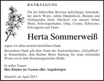 Traueranzeige von Herta Sommerweiß von Super Sonntag Merseburg
