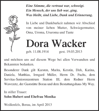 Traueranzeige von Dora Wacker von Super Sonntag Merseburg