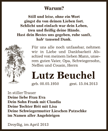 Traueranzeige von Lutz Beuchel von Super Sonntag Zeitz