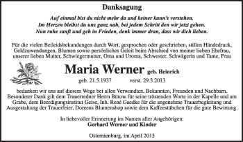 Traueranzeige von Maria Werner von Super Sonntag Dessau / Köthen