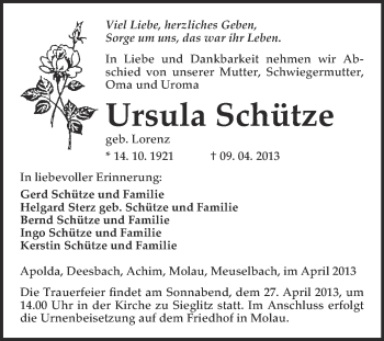 Traueranzeige von Ursula Schütze von WVG - Wochenspiegel NMB / WSF / ZTZ