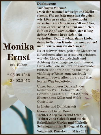 Traueranzeige von Monika Ernst von WVG - Wochenspiegel SGH