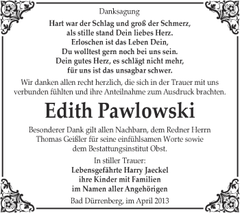 Traueranzeige von Edith Pawlowski von Super Sonntag Merseburg
