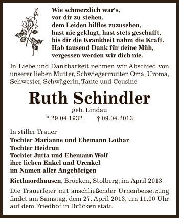 Traueranzeige von Ruth Schindler von Super Sonntag SGH Mansf. Land