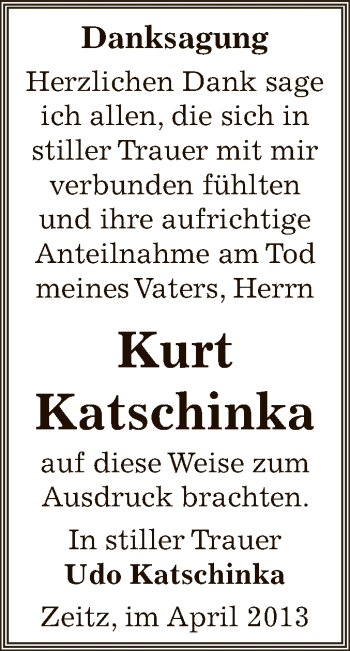 Traueranzeige von Kurt Katschinka von Super Sonntag Zeitz