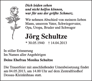 Traueranzeige von Jörg Schultze von Super Sonntag Dessau / Köthen