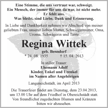Traueranzeige von Regina Wittek von WVG - Wochenspiegel Merseburg