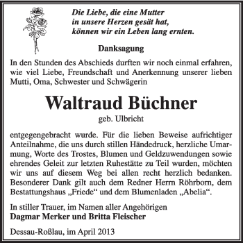 Traueranzeige von Waltraud Büchner von Super Sonntag Dessau / Köthen
