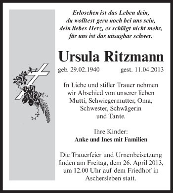 Traueranzeige von Ursula Ritzmann von Super Sonntag Aschersleben