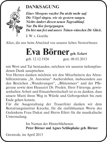 Traueranzeige von Eva Börner von WVG - Wochenspiegel Aschersleben