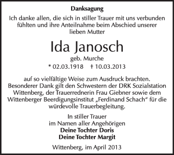 Traueranzeige von Ida Janosch von WVG - Wochenspiegel Wittenberg