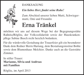 Traueranzeige von Erna Tränkel von Super Sonntag Halle