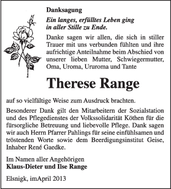 Traueranzeige von Therese Range von Super Sonntag Dessau / Köthen