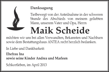 Traueranzeige von Maik Scheide von WVG - Wochenspiegel NMB / WSF / ZTZ