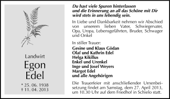 Traueranzeige von Egon Edel von WVG - Wochenspiegel Quedlinburg