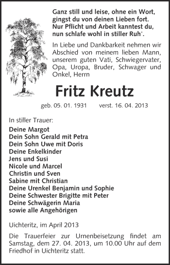 Traueranzeige von Fritz Kreutz von WVG - Wochenspiegel NMB / WSF / ZTZ