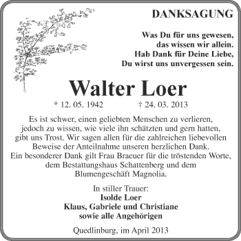 Traueranzeige von Walter Loer von WVG - Wochenspiegel Quedlinburg