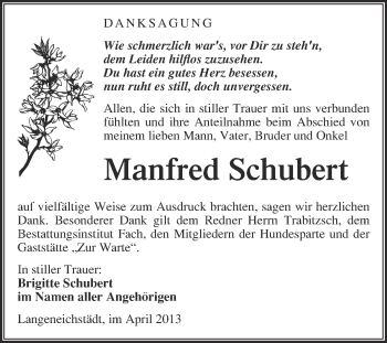 Traueranzeige von Manfred Schubert von WVG - Wochenspiegel Merseburg