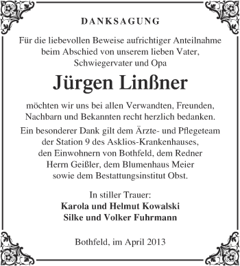 Traueranzeige von Jürgen Linßner von Super Sonntag Merseburg