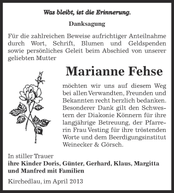 Traueranzeige von Marianne Fehse von Super Sonntag Bernburg