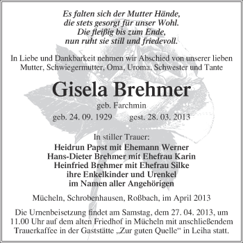 Traueranzeige von Gisela Brehmer von WVG - Wochenspiegel Merseburg