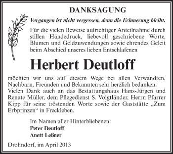 Traueranzeige von Herbert Deutloff von WVG - Wochenspiegel Aschersleben