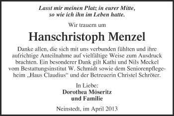 Traueranzeige von Hanschristoph Menzel von WVG - Wochenspiegel Quedlinburg