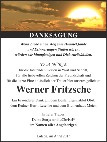 Traueranzeige von Werner Fritzsche von Super Sonntag Merseburg