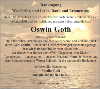 Traueranzeige von Oswin Goth von WVG - Wochenspiegel Quedlinburg