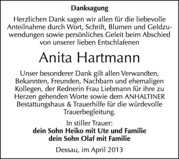 Traueranzeige von Anita Hartmann von Super Sonntag Dessau / Köthen