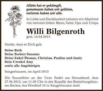 Traueranzeige von Willi Bilgenroth von Super Sonntag SGH Mansf. Land