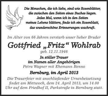 Traueranzeige von Gottfried Wohlrab von Super Sonntag Bernburg