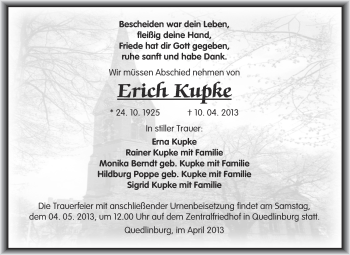Traueranzeige von Erich Kupke von WVG - Wochenspiegel Quedlinburg