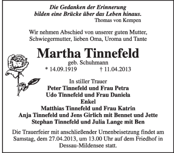 Traueranzeige von Martha Tinnefeld von Super Sonntag Dessau / Köthen