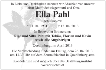 Traueranzeige von Ella Pahl von WVG - Wochenspiegel Quedlinburg