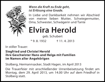 Traueranzeige von Elvira Herold von WVG - Wochenspiegel Quedlinburg