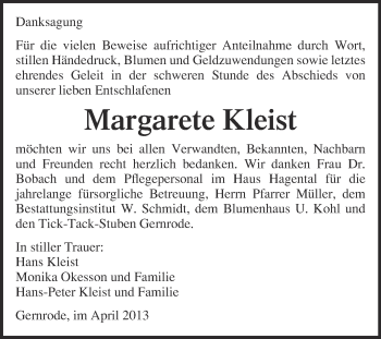 Traueranzeige von Margarete Kleist von WVG - Wochenspiegel Quedlinburg