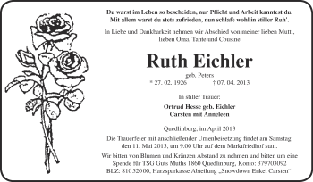 Traueranzeige von Ruth Eichler von WVG - Wochenspiegel Quedlinburg