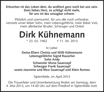 Traueranzeige von Dirk Kühnemann von WVG - Wochenspiegel Quedlinburg