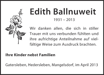 Traueranzeige von Edith Ballnuweit von WVG - Wochenspiegel Quedlinburg